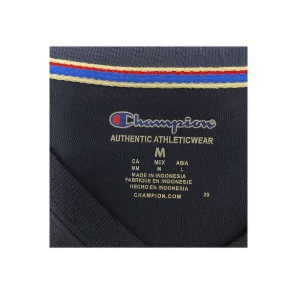 Champion Navy Blue Striped Long Sleeve Athletic Top | Size M | Logo Crewneck Tee - Picture 5 of 5